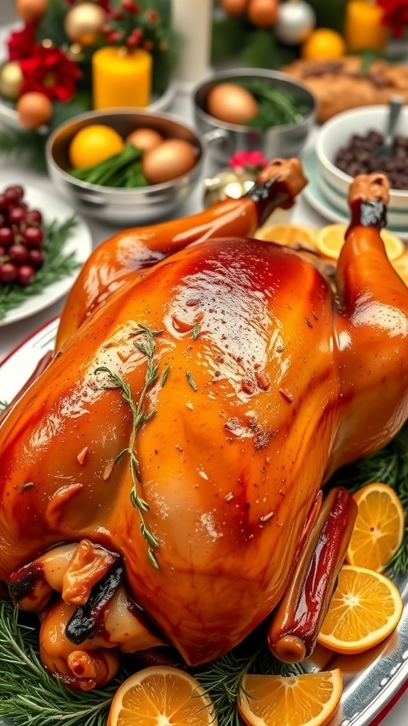 A roasted Christmas duck garnished with herbs and oranges on a festive table.